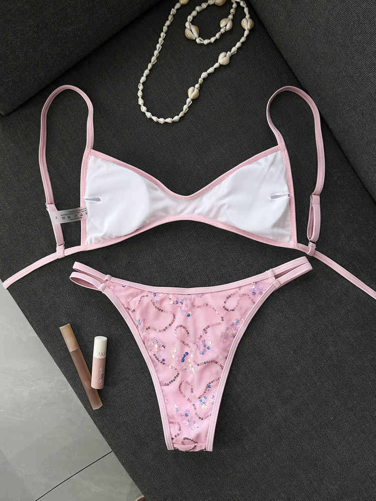 Costavie Women's 2 Pieces Summer Beach Bikini Set, Sequin Embroidered Fabric, Back Tie Spaghetti Strap Top And Bikini Bottoms, Seaside Swimwear - Pink - View 2