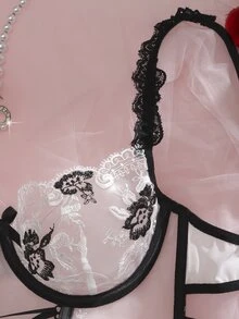SHEIN 2pcs Women's Romantic Lingerie Set, Sheer Embroidered Mesh Lace-Up Sexy Outfit  Summer Wedding Guest - Black and White - View 5