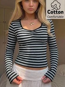 SHEIN Teen Girl Teen Girls Black & Gray Striped Halloween Long Sleeve T-Shirt - Grey - View 1