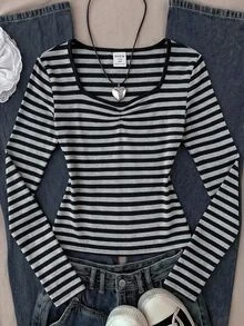 SHEIN Teen Girl Teen Girls Black & Gray Striped Halloween Long Sleeve T-Shirt - Grey - View 6
