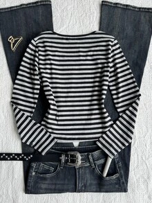 SHEIN Teen Girl Teen Girls Black & Gray Striped Halloween Long Sleeve T-Shirt - Grey - View 3