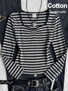 SHEIN Teen Girl Teen Girls Black & Gray Striped Halloween Long Sleeve T-Shirt - Grey - View 2