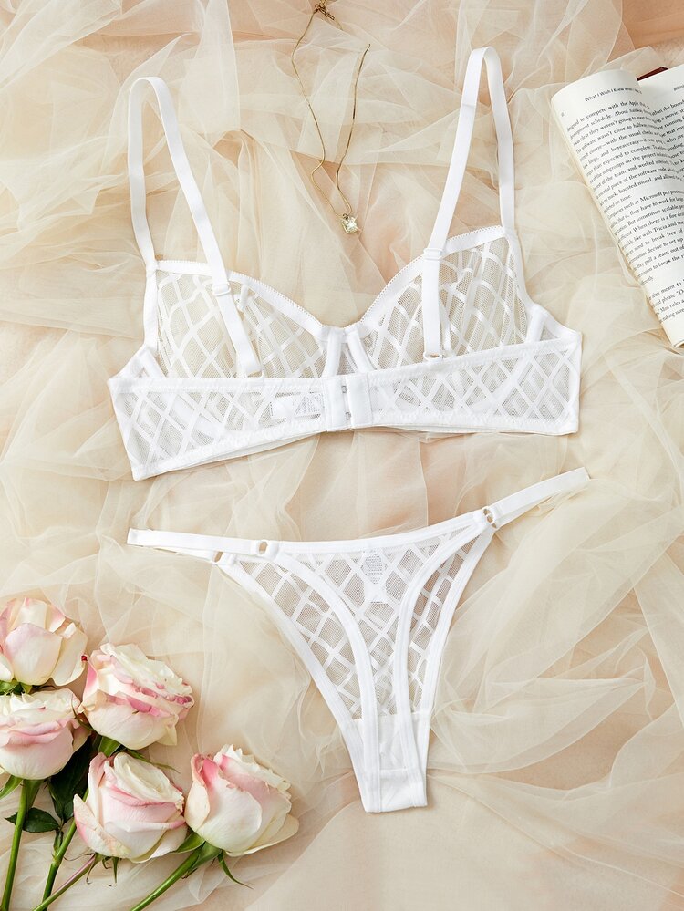 2pcs Set Romantic Sheer Mesh Sexy Lingerie, Sexy Bralette With No Lining - White - View 2