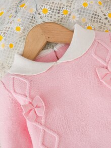 SHEIN 新生女嬰針織爬行服，女嬰針織秋冬連身衣，蝴蝶結裝飾，翻領設計，柔軟舒適 - 淺粉色 - 查看 6