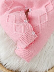 SHEIN 新生女嬰針織爬行服，女嬰針織秋冬連身衣，蝴蝶結裝飾，翻領設計，柔軟舒適 - 淺粉色 - 查看 5
