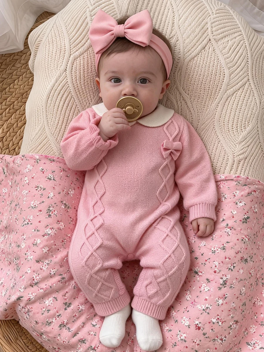 SHEIN Newborn Baby Girl Knit Crawler, Baby Girl Knit Autumn Winter Romper, Bow Decor, Turn-Down Collar, Soft And Comfortable - Baby Pink - View 1