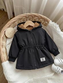 SHEIN Baby Girl Cute Winter Thermal Lined Zipper Hooded Jacket - Black - View 3