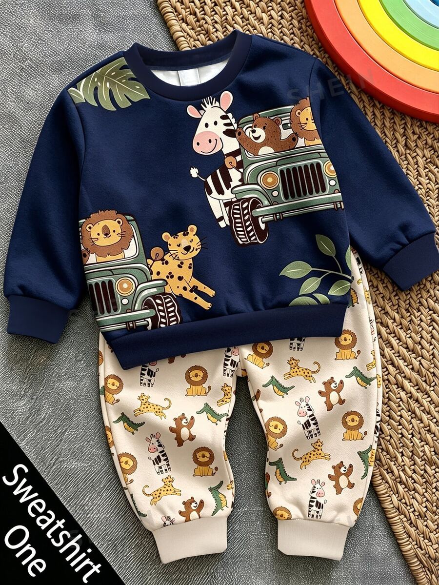 嬰幼兒圓領休閒套頭運動衫,經典可愛手繪童話動物世界圖案印花,動物保護巡邏隊,豹、虎、獅、斑馬、鱷魚圖案印花,適合秋冬,保暖內裡加厚 - 彩色 - 查看 1