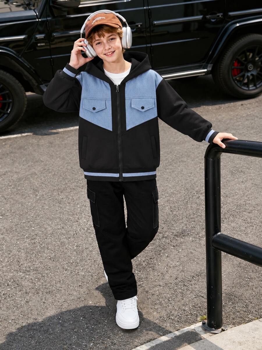 青少年男孩休閒時尚極簡牛仔V字縫線口袋連帽長袖夾克,寬鬆舒適百搭,適合秋冬春夏,日常穿著、通勤、戶外玩耍、運動、校園、街頭風、派對與拍照 - 彩色 - 查看 1