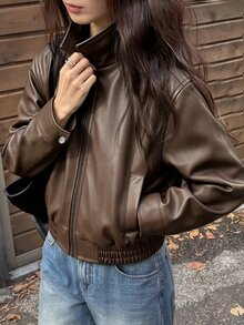 SHEIN Elladie kids Girls' Loose Black Fashion Street PU Leather Long Sleeve Lightweight Jacket - Brown - View 5