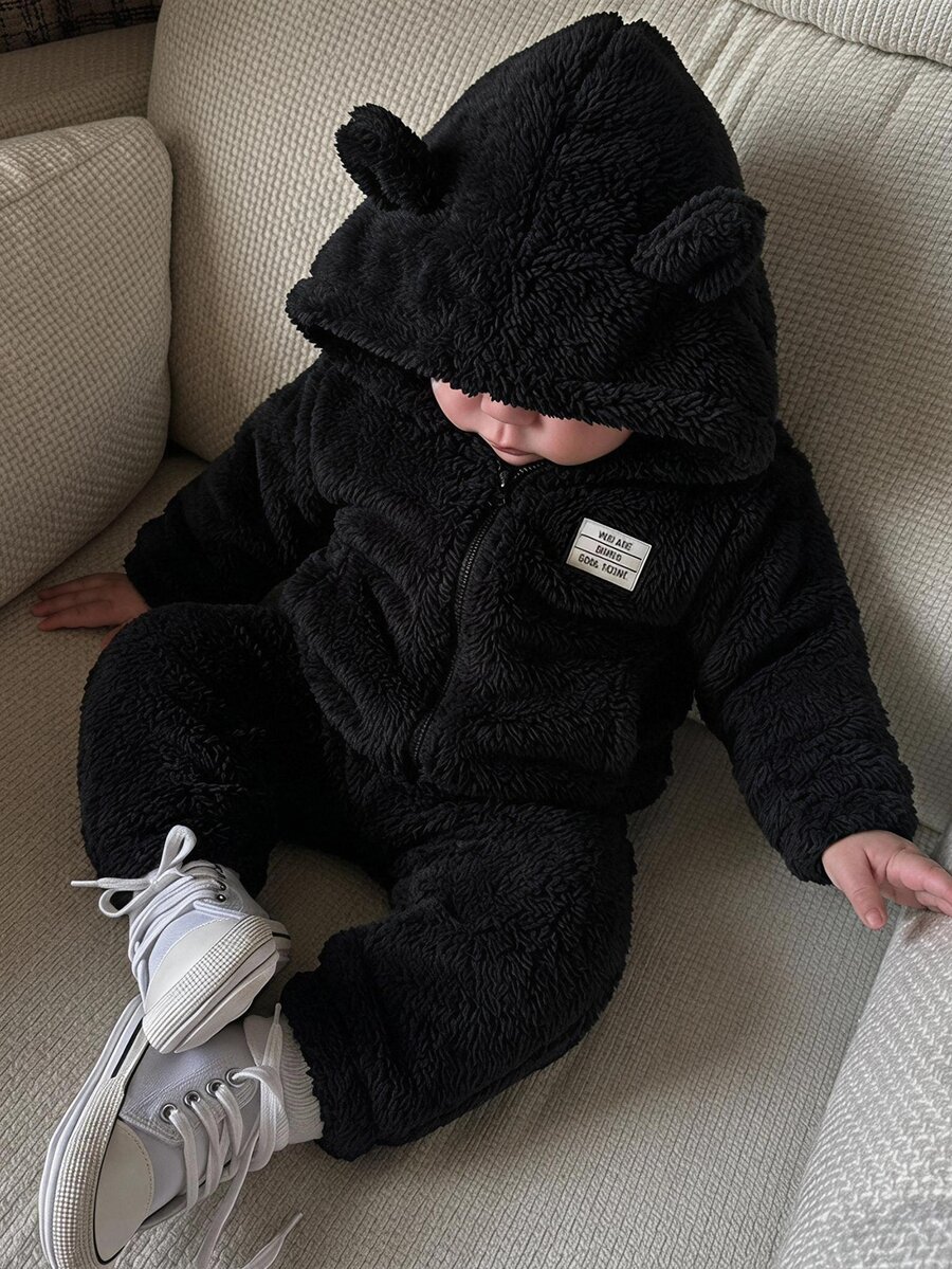 SHEIN Boys' Plaid Pattern Hooded Shacket, Spring/Autumn Baby White Baby - Black - View 1