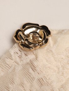 SHEIN 青少年女孩杏色針織蕾絲不對稱肩中長洋裝，金色花朵裝飾，優雅單肩設計，秋冬派對洋裝 - 杏色 - 查看 5
