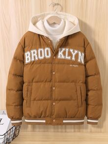 1pc Teen Boys Coffee & Cream Color Baseball Jacket, 2 In 1 Quilted Padded Coat, Suitable For Autumn/Winter Outdoor, Travel And Various Occasions - Coffee Brown - View 3