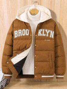 1pc Teen Boys Coffee & Cream Color Baseball Jacket, 2 In 1 Quilted Padded Coat, Suitable For Autumn/Winter Outdoor, Travel And Various Occasions - Coffee Brown - View 4