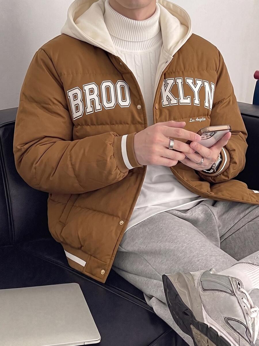 1pc Teen Boys Coffee & Cream Color Baseball Jacket, 2 In 1 Quilted Padded Coat, Suitable For Autumn/Winter Outdoor, Travel And Various Occasions - Coffee Brown - View 1