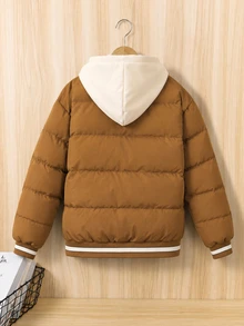 1pc Teen Boys Coffee & Cream Color Baseball Jacket, 2 In 1 Quilted Padded Coat, Suitable For Autumn/Winter Outdoor, Travel And Various Occasions - Coffee Brown - View 2