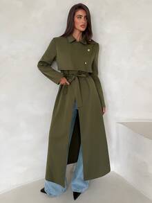 Aloruh Women's Solid Color Fashion Versatile Daily Casual Trench Coat Jacket - Army Green - View 3