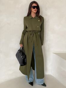 Aloruh Women's Solid Color Fashion Versatile Daily Casual Trench Coat Jacket - Army Green - View 5
