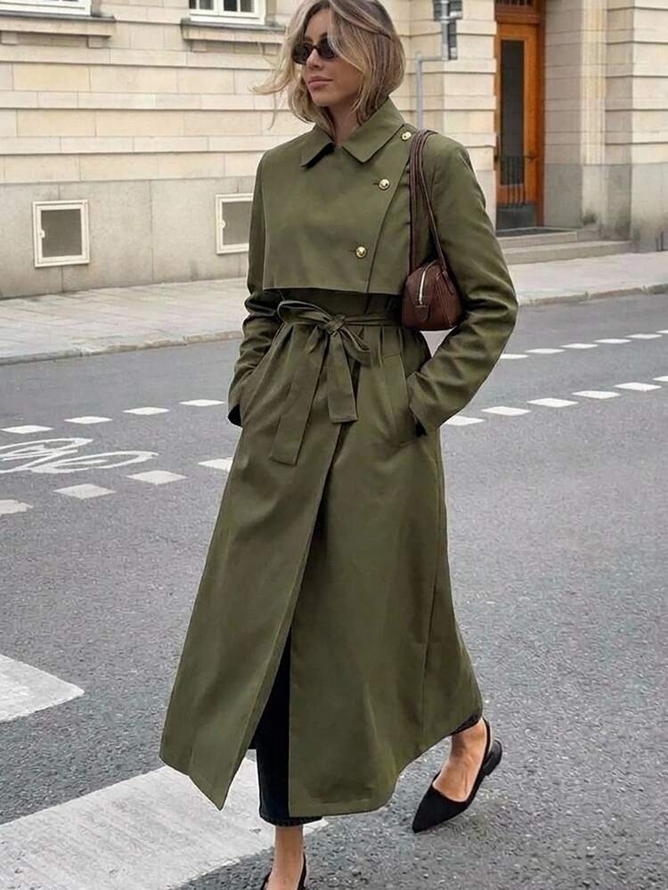 Aloruh Women's Solid Color Fashion Versatile Daily Casual Trench Coat Jacket - Army Green - View 8