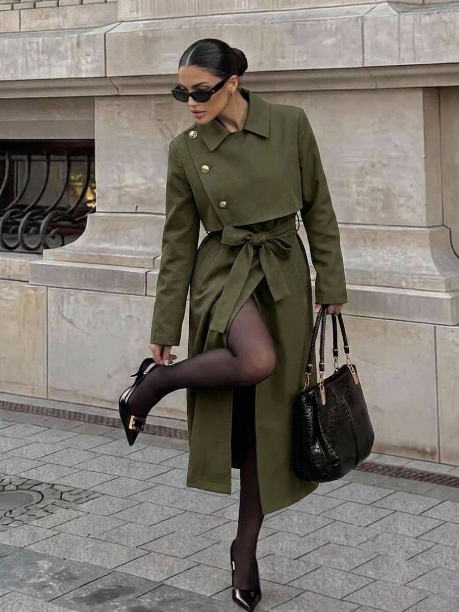Aloruh Women's Solid Color Fashion Versatile Daily Casual Trench Coat Jacket - Army Green - View 1
