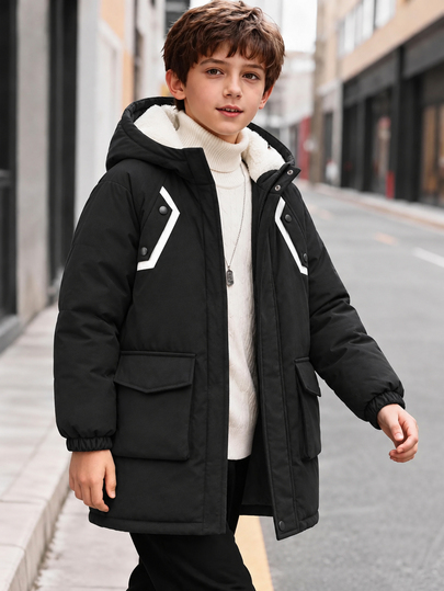 SHEIN Tween Boy Winter Comfortable Button Contrast Color Pocket Hooded Jacket