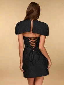 SHEIN BAE Fall Winter Black Lace Embossed Cape Shoulder Open Back Tie Bodycon Mini Dress Halloween Thanksgiving Christmas New Year Party Date Night - Black - View 3