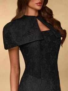 SHEIN BAE Fall Winter Black Lace Embossed Cape Shoulder Open Back Tie Bodycon Mini Dress Halloween Thanksgiving Christmas New Year Party Date Night - Black - View 4