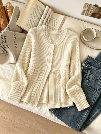 SHEIN Women's Lace Trim Large Scoop Neck Cinched Waist Cable Knit Slimming Single-Breasted Sexy Style Long Sleeve Cardigan