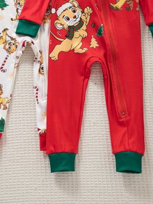 Autumn/Winter Thin Knit Round Neck Contrast Color Baby Boy Long Sleeve Romper & Long Pants Set, Digital Print Popular Pattern, Zipper Design, Christmas Elements, Cute Lion Pattern, 2 Pieces Snug Fit Bodysuit Pajamas Loungewear, Christmas Essential - Multicolor - View 8