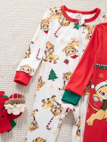 Autumn/Winter Thin Knit Round Neck Contrast Color Baby Boy Long Sleeve Romper & Long Pants Set, Digital Print Popular Pattern, Zipper Design, Christmas Elements, Cute Lion Pattern, 2 Pieces Snug Fit Bodysuit Pajamas Loungewear, Christmas Essential - Multicolor - View 7