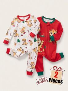 Autumn/Winter Thin Knit Round Neck Contrast Color Baby Boy Long Sleeve Romper & Long Pants Set, Digital Print Popular Pattern, Zipper Design, Christmas Elements, Cute Lion Pattern, 2 Pieces Snug Fit Bodysuit Pajamas Loungewear, Christmas Essential - Multicolor - View 1