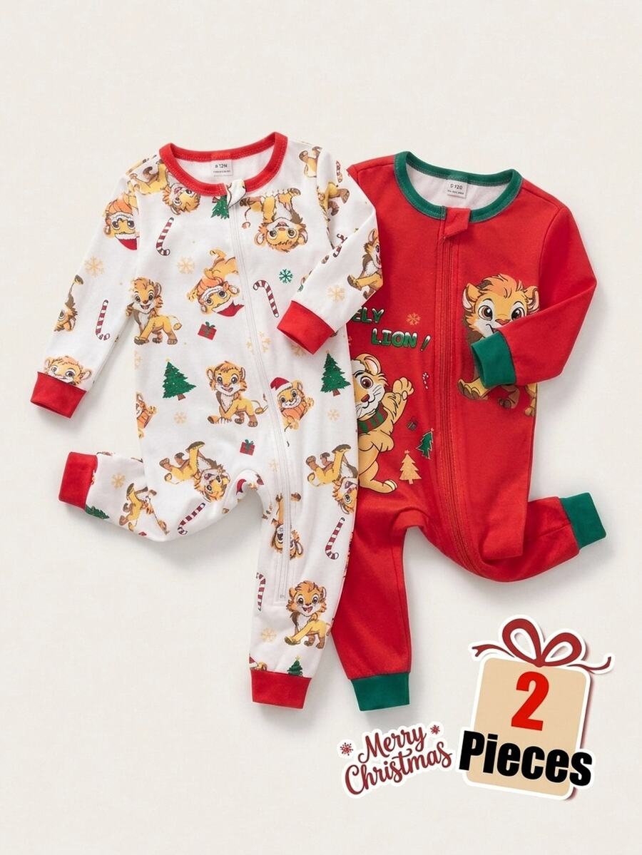Autumn/Winter Thin Knit Round Neck Contrast Color Baby Boy Long Sleeve Romper & Long Pants Set, Digital Print Popular Pattern, Zipper Design, Christmas Elements, Cute Lion Pattern, 2 Pieces Snug Fit Bodysuit Pajamas Loungewear, Christmas Essential - Multicolor - View 1