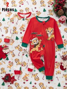 Autumn/Winter Thin Knit Round Neck Contrast Color Baby Boy Long Sleeve Romper & Long Pants Set, Digital Print Popular Pattern, Zipper Design, Christmas Elements, Cute Lion Pattern, 2 Pieces Snug Fit Bodysuit Pajamas Loungewear, Christmas Essential - Multicolor - View 6