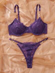Crystal Vow 2pcs/Set Bra Tanpa Kawat Renda Seksi Warna Polos untuk Wanita - Purple - View 6