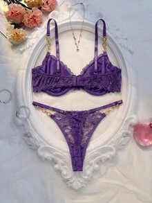 Crystal Vow 2pcs/Set Bra Tanpa Kawat Renda Seksi Warna Polos untuk Wanita - Purple - View 2