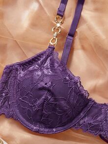 Crystal Vow 2pcs/Set Bra Tanpa Kawat Renda Seksi Warna Polos untuk Wanita - Purple - View 5