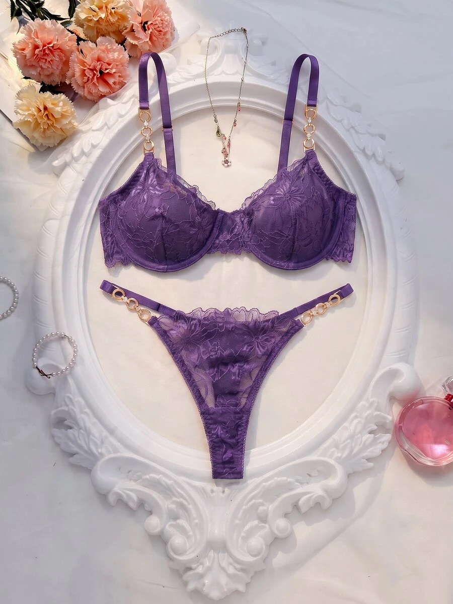 Crystal Vow 2pcs/Set Bra Tanpa Kawat Renda Seksi Warna Polos untuk Wanita - Purple - View 1