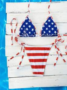 SHEIN Swim 2026春夏红色旗帜图案蓝底白星侧系细肩带女士比基尼两件套泳衣美国泳装红白蓝比基尼美国国旗泳装女士7月4日比基尼套装美国国旗比基尼美国泳装美国比基尼7月4日比基尼美国比基尼 - 彩色 - 查看 7