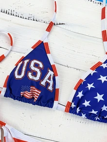 SHEIN Swim 2026春夏红色旗帜图案蓝底白星侧系细肩带女士比基尼两件套泳衣美国泳装红白蓝比基尼美国国旗泳装女士7月4日比基尼套装美国国旗比基尼美国泳装美国比基尼7月4日比基尼美国比基尼 - 彩色 - 查看 9
