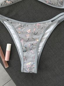 Costavie 女款 2 件組夏季海灘比基尼套裝，亮片刺繡布料，後綁帶細肩帶上衣與比基尼泳褲，海邊泳裝 - 灰色 - 查看 6