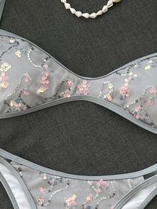 Costavie 女款 2 件組夏季海灘比基尼套裝，亮片刺繡布料，後綁帶細肩帶上衣與比基尼泳褲，海邊泳裝 - 灰色 - 查看 7