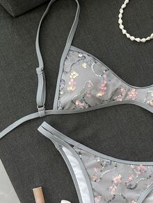 Costavie 女款 2 件組夏季海灘比基尼套裝，亮片刺繡布料，後綁帶細肩帶上衣與比基尼泳褲，海邊泳裝 - 灰色 - 查看 5