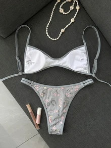 Costavie 女款 2 件組夏季海灘比基尼套裝，亮片刺繡布料，後綁帶細肩帶上衣與比基尼泳褲，海邊泳裝 - 灰色 - 查看 2