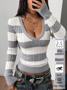 Coolane 女款秋冬舒適保暖休閒優雅灰色白色條紋修身深V領露肩短版羅紋針織毛衣 - 淺灰色 - 查看 6