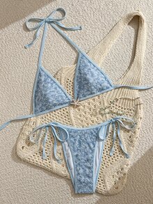 Costavie 新款春夏多色發光高級刺繡亮片閃亮熱門派對下午茶聚會支撐性性感高衩側綁帶比基尼2件式泳衣套裝女款 - 藍色 - 查看 3