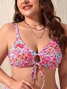 Swim Mod Plus-Size Women's Sweet Pink Floral Print Lace-Up Slimming And Shaping Swim Top-Perfect For Parties, Beach Vacations, Summer, And Autumn. - Multicolor - View 7