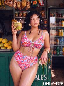 Swim Mod Plus-Size Women's Sweet Pink Floral Print Lace-Up Slimming And Shaping Swim Top-Perfect For Parties, Beach Vacations, Summer, And Autumn. - Multicolor - View 2