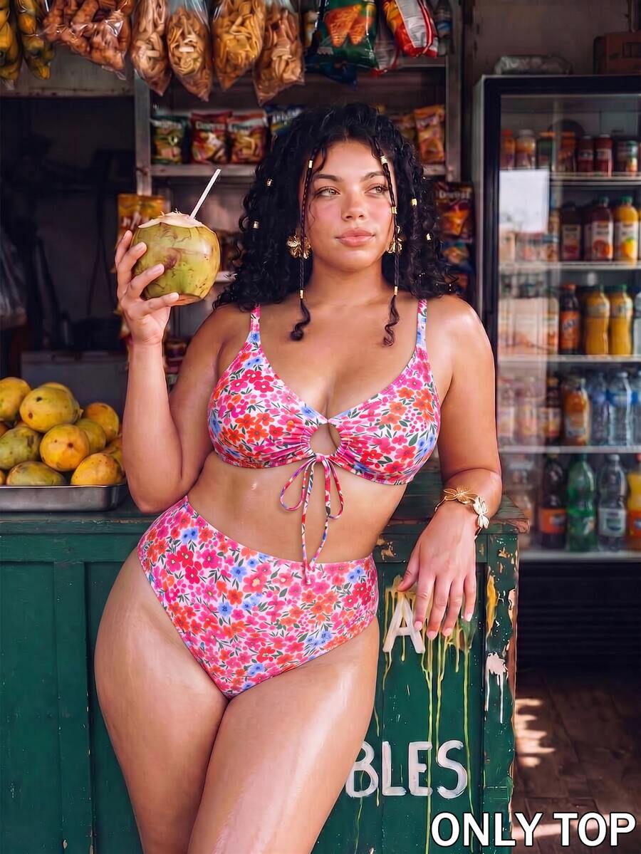 Swim Mod Plus-Size Women's Sweet Pink Floral Print Lace-Up Slimming And Shaping Swim Top-Perfect For Parties, Beach Vacations, Summer, And Autumn.