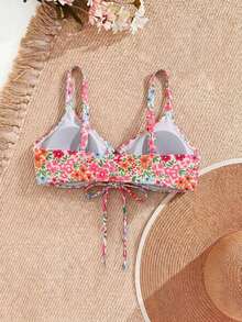 Swim Mod Plus-Size Women's Sweet Pink Floral Print Lace-Up Slimming And Shaping Swim Top-Perfect For Parties, Beach Vacations, Summer, And Autumn. - Multicolor - View 4