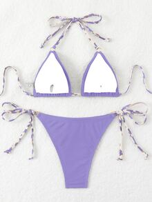 Swim Basics مجموعة ملابس سباحة نسائية صيفية بلون متباين، بيكيني بربطة عنق وسروال مثلث مثير - متعدد الألوان - مشاهدة 3